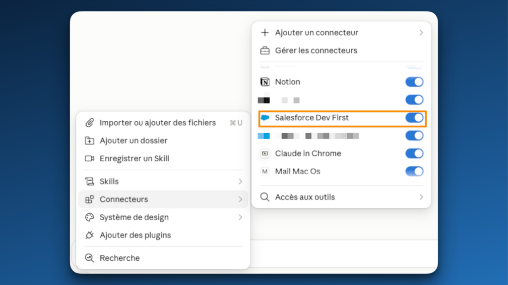 Activation du connecteur Salesforce dans une conversation Claude