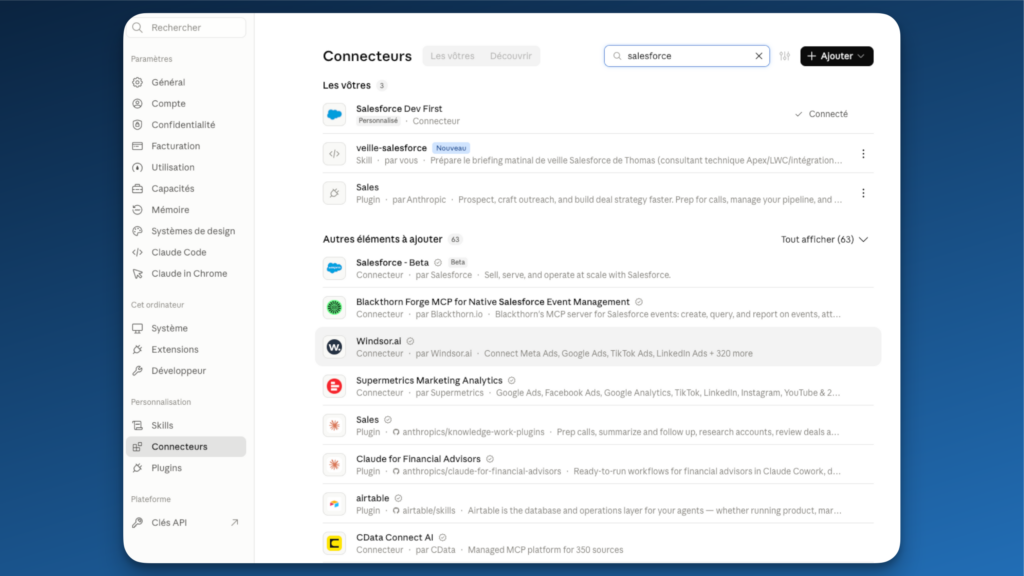 Le connecteur personnalisé Salesforce Dev First connecté dans Claude