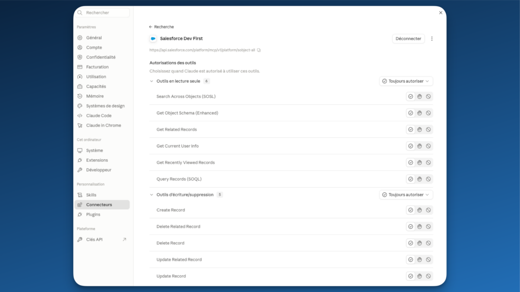 Les autorisations des outils du connecteur Salesforce dans Claude