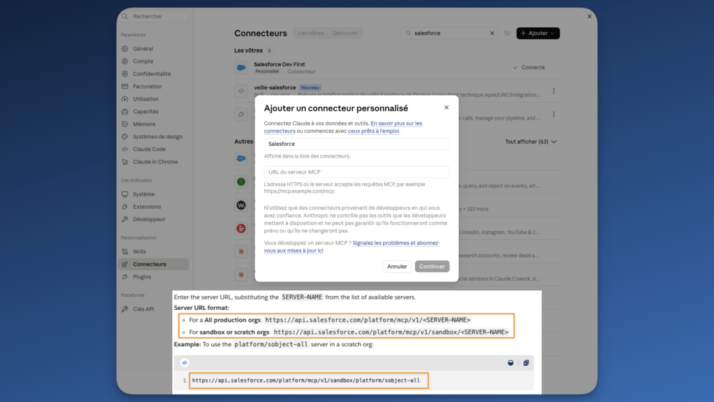 Ajout d'un connecteur personnalisé dans Claude et format de l'URL du serveur MCP Salesforce
