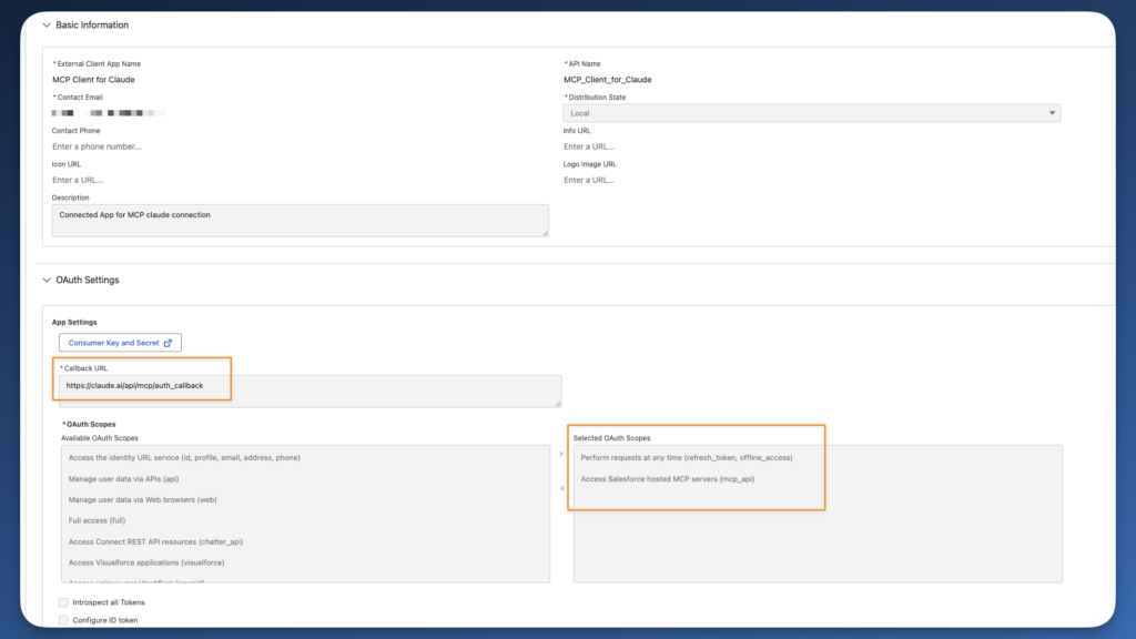 Configuration de l'External Client App : Callback URL vers claude.ai et scopes mcp_api et refresh_token