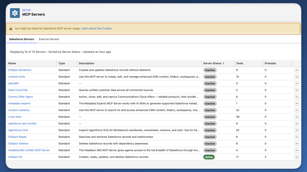 Catalogue des serveurs MCP dans le Setup Salesforce, avec l'avertissement sur la facturation en Flex Credits