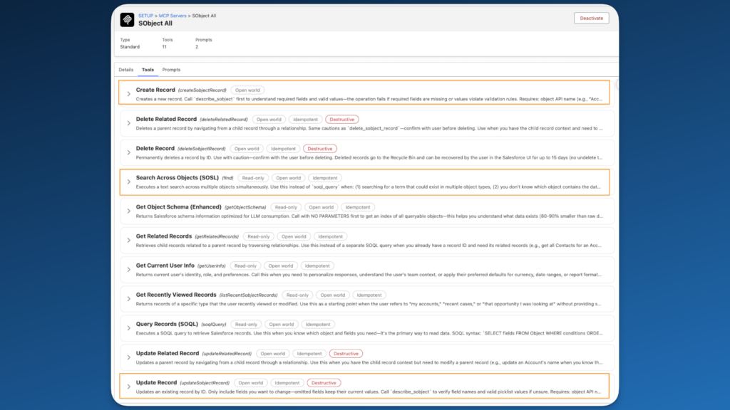 Les outils exposés par le serveur SObject All