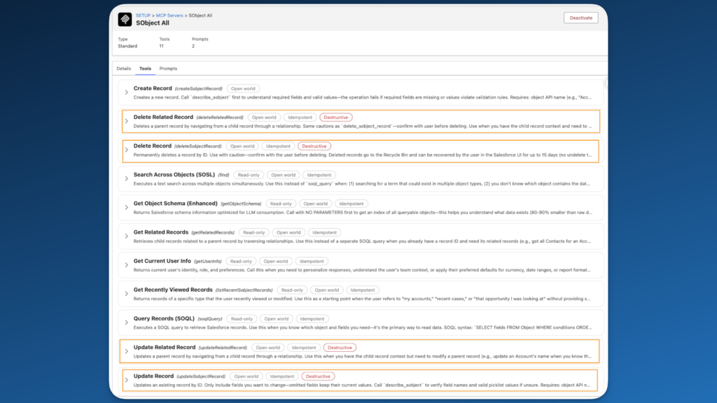 Les outils marqués Destructive dans le serveur SObject All